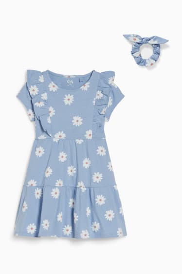 Copii - Set - rochie și elastic de păr - 2 piese - cu flori - albastru deschis