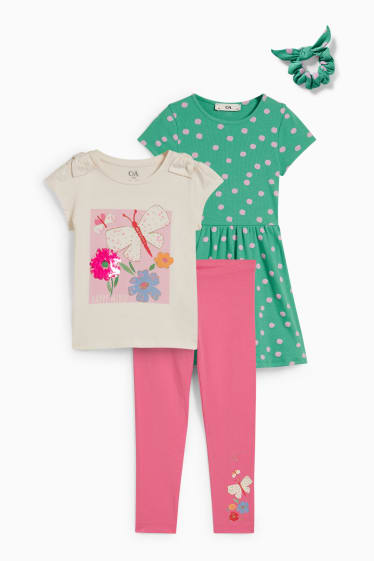 Dětské - Souprava - šaty, tričko s krátkým rukávem, legíny a scrunchie gumička do vlasů - 4dílná - zelená/růžová