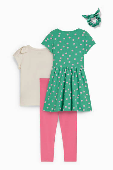 Niños - Set - vestido, camiseta de manga corta, leggings y coletero - 4 piezas - verde / rosa