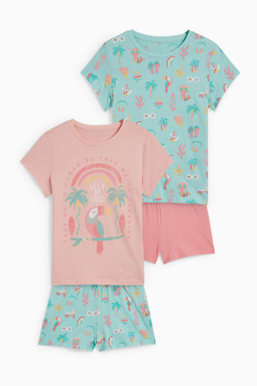 Bambine - Confezione da 2 - pigiama corto - 4 pezzi - rosa / turchese