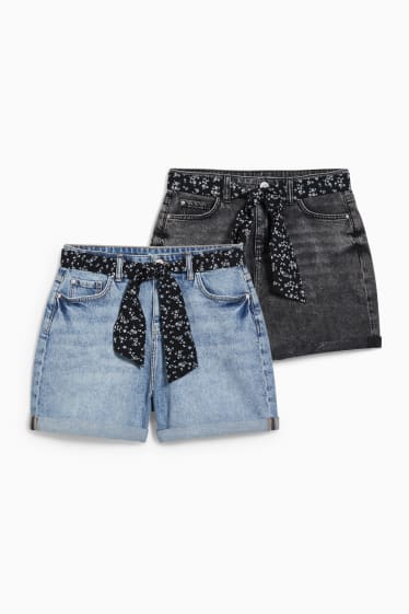 Kinder - Extended Sizes - Multipack 2er - Jeans-Shorts mit Gürtel - helljeansblau