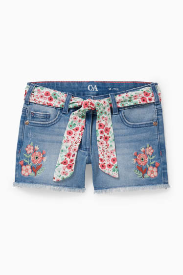 Enfants - Short en jean avec ceinture - à fleurs - jean bleu clair