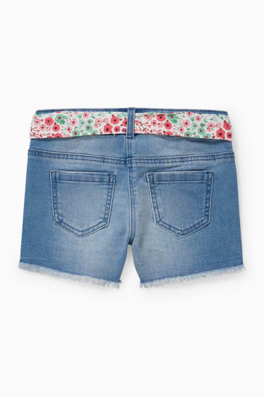 Enfants - Short en jean avec ceinture - à fleurs - jean bleu clair