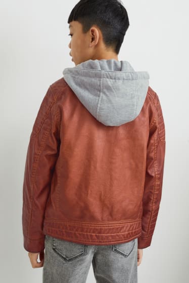 Kinder Buben - Bikerjacke mit Kapuze - Lederimitat - braun