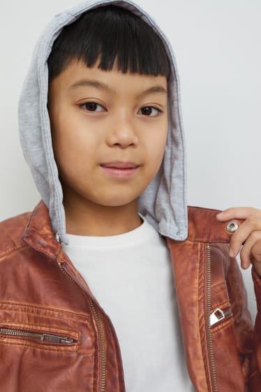Kinder Buben - Bikerjacke mit Kapuze - Lederimitat - braun