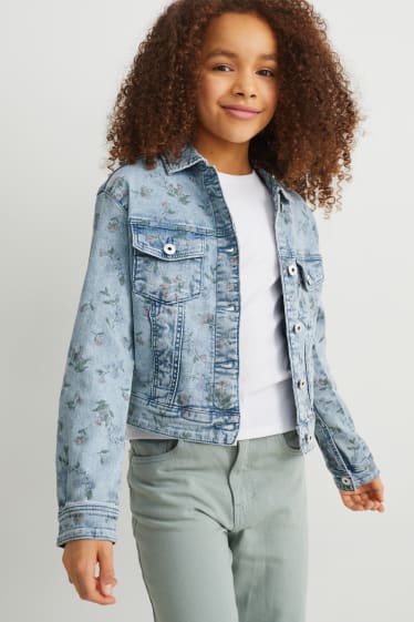 Kinder Mädchen - Jeansjacke - geblümt - helljeansblau