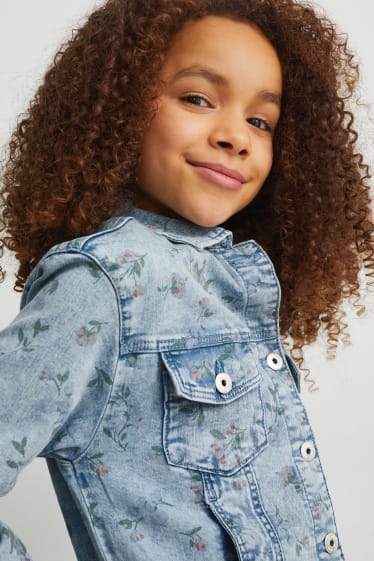 Kinder Mädchen - Jeansjacke - geblümt - helljeansblau