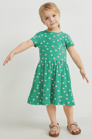 Dětské - Souprava - šaty, tričko s krátkým rukávem, legíny a scrunchie gumička do vlasů - 4dílná - zelená/růžová