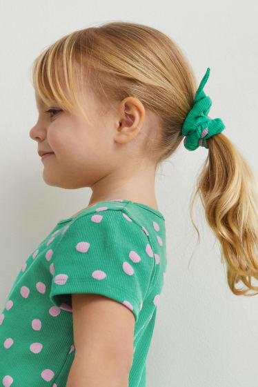 Copii - Set - rochie, tricou cu mânecă scurtă, colanți și elastic de păr - 4 piese - verde / roz