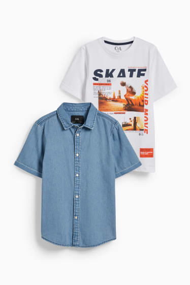 Kinder - Set - Jeanshemd und Kurzarmshirt - 2 teilig - blau