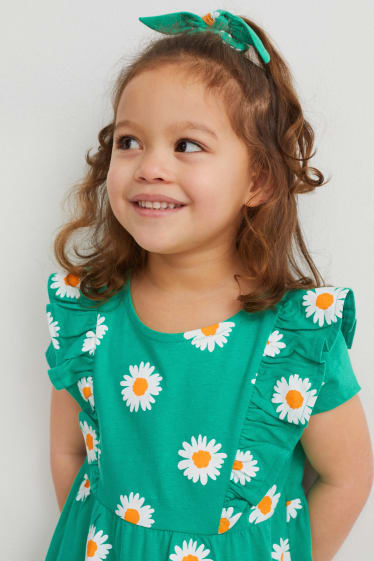 Dětské - Souprava - šaty a scrunchie gumička do vlasů - 2dílná - s květinovým vzorem - zelená