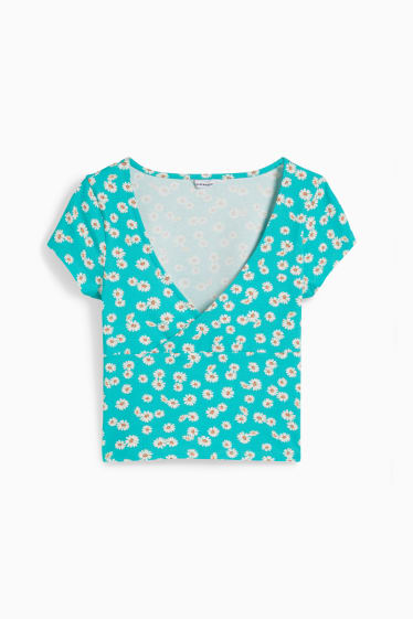 Dames - Kort T-shirt - gebloemd - groen