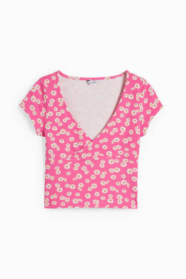 Dámské - CLOCKHOUSE - krátké tričko - s květinovým vzorem - růžová