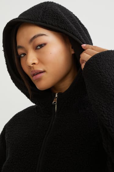 Women - Teddy fur jacket with hood - black