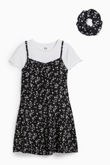 Dětské - Rozšířené velikosti - souprava - tričko s krátkým rukávem, šaty a scrunchie gumička do vlasů - černá/bílá
