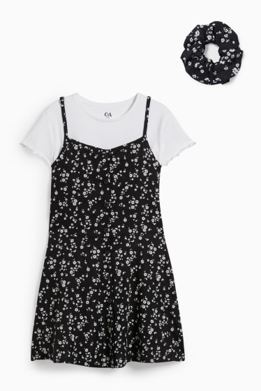Kinderen: meisjes - Uitgebreide maten - set - T-shirt, jurk en scrunchie - zwart / wit