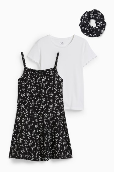 Kinderen: meisjes - Uitgebreide maten - set - T-shirt, jurk en scrunchie - zwart / wit