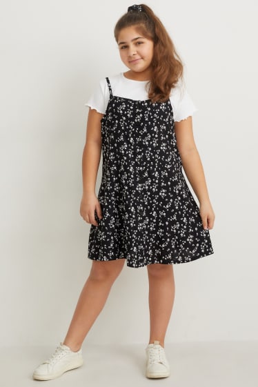Kinder - Extended Sizes - Set - Kurzarmshirt, Kleid und Scrunchie - schwarz / weiß