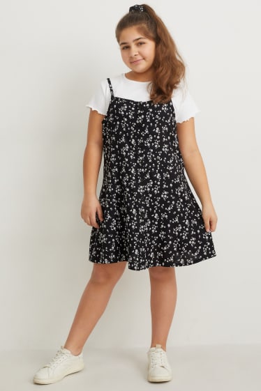 Kinderen: meisjes - Uitgebreide maten - set - T-shirt, jurk en scrunchie - zwart / wit