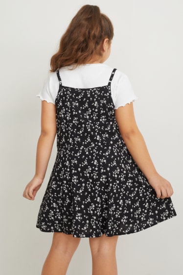 Kinder - Extended Sizes - Set - Kurzarmshirt, Kleid und Scrunchie - schwarz / weiß