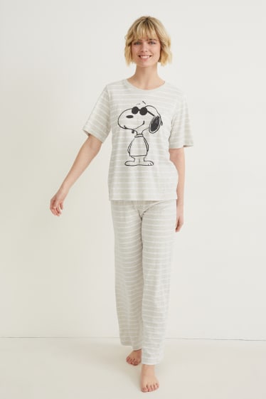 Damen - Pyjama - gestreift - Snoopy - hellgrau-melange