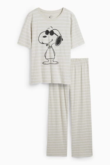 Damen - Pyjama - gestreift - Snoopy - hellgrau-melange