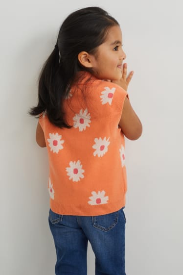 Dětské - Svetrová vesta - s květinovým vzorem - oranžová