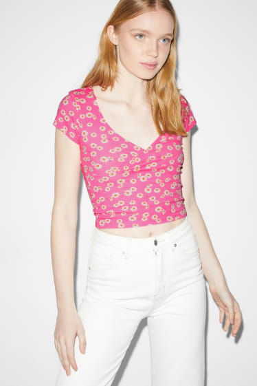 Dámské - CLOCKHOUSE - krátké tričko - s květinovým vzorem - růžová