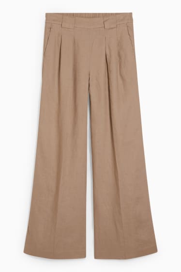 Donna - Pantaloni di lino - vita alta - gamba ampia - beige