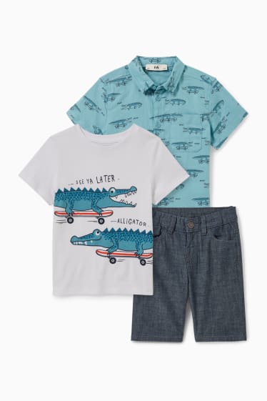 Bambini - Set - maglia a maniche corte, camicia e shorts - 3 pezzi - bianco