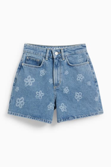 Donna - Shorts di jeans - vita alta - a fiori - jeans azzurro