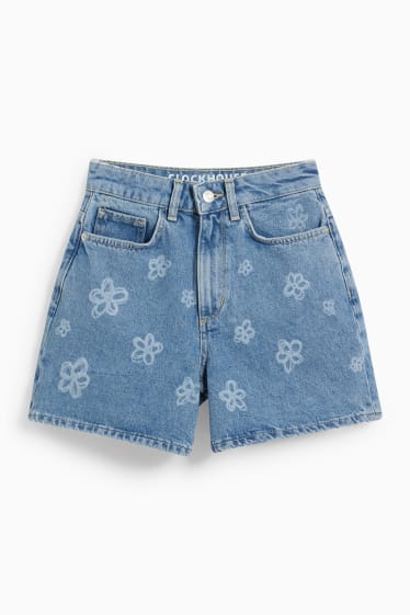 Ados & jeunes adultes - CLOCKHOUSE - short en jean - high waist - à fleurs - jean bleu clair