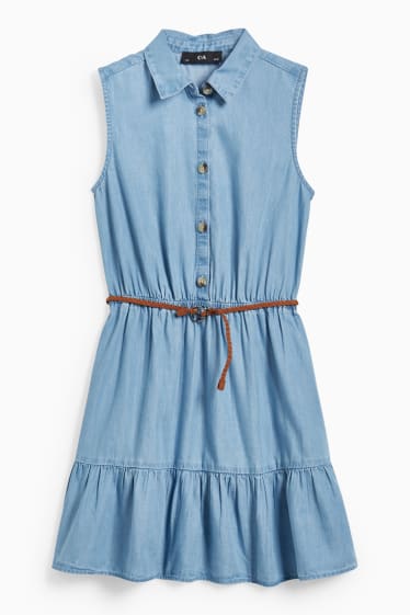 Children Girls - Floral dress with belt - light blue