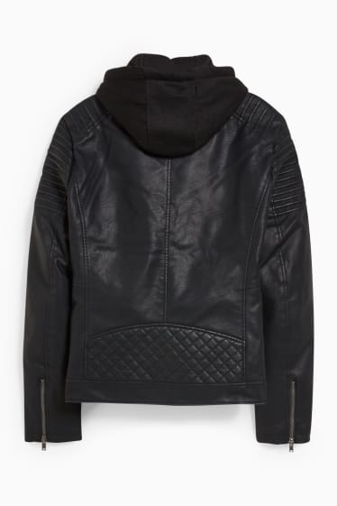 Hombre - Cazadora biker con capucha - polipiel - negro