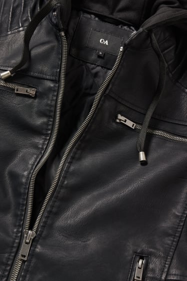 Herren - Bikerjacke mit Kapuze - Lederimitat - schwarz