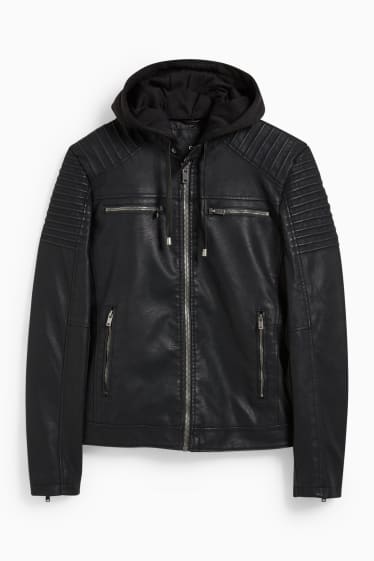 Hombre - Cazadora biker con capucha - polipiel - negro