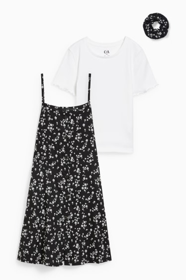 Dzieci - Zestaw - koszulka z krótkim rękawem, sukienka i gumka do włosów owijka - 3 części - czarny / biały
