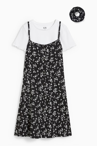 Bambini - Set - maglia a maniche corte, vestito e scrunchie - 3 pezzi - nero / bianco