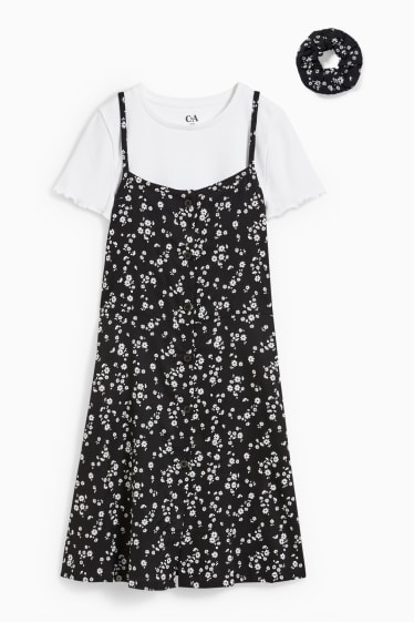 Children Girls - Set - short sleeve T-shirt, dress and scrunchie - 3 piece - black / white