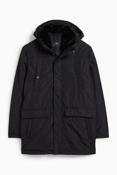 Hombre - Parka con capucha y adorno de pelo sintético - negro