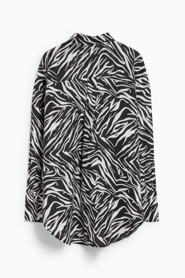Kobiety - Lniana bluzka basic - wzorzysta - czarny / biały