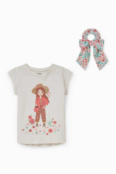 Dětské - Souprava - tričko s krátkým rukávem a scrunchie gumička do vlasů - 2dílná - bílá
