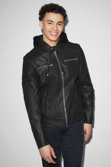 Herren - Bikerjacke mit Kapuze - Lederimitat - schwarz