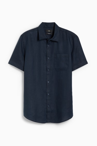 Home - Camisa de lli - regular fit - coll kent - blau fosc