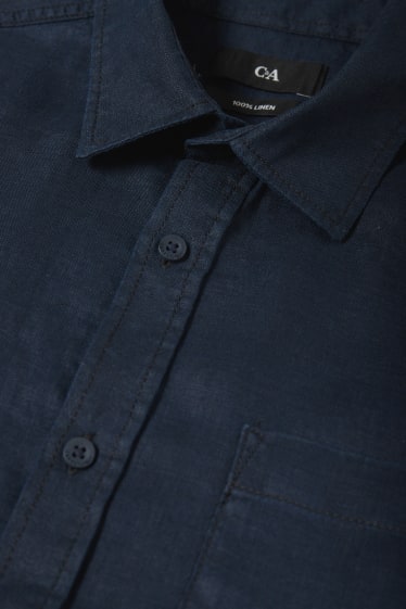 Home - Camisa de lli - regular fit - coll kent - blau fosc