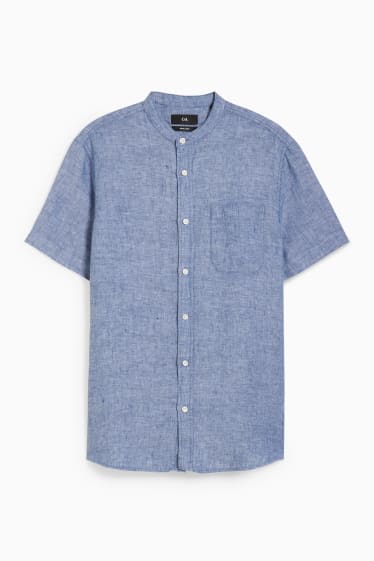 Men - Linen shirt - regular fit - band collar - blue