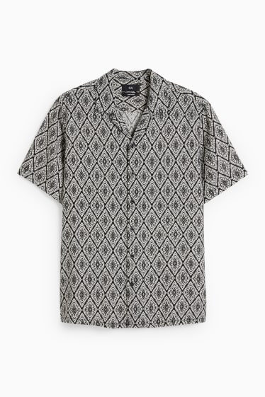 Pánské - Košile - regular fit - klopový límec - lněná směs - černá/bílá