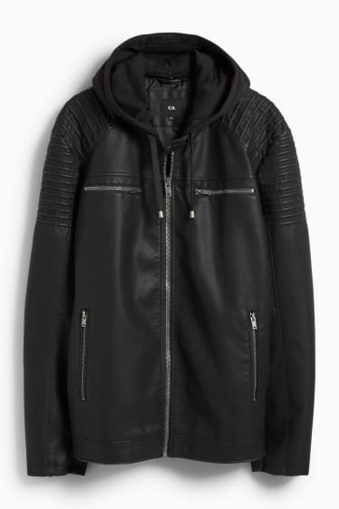 Uomo - Giacca stile motociclista con cappuccio - similpelle - nero