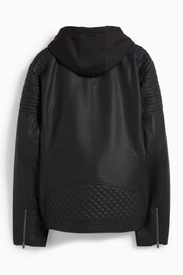Uomo - Giacca stile motociclista con cappuccio - similpelle - nero