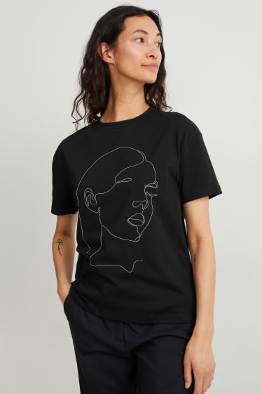 Damen - T-Shirt mit Ketten-Applikation  - schwarz